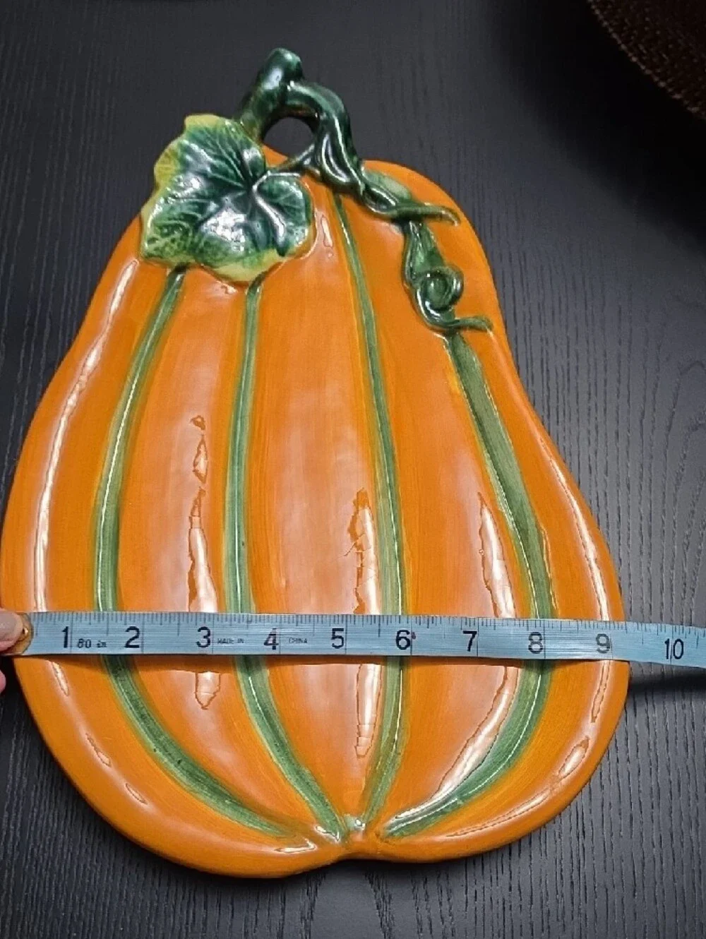 Festive Orange Ceramic Pumpkin Serving Platter with Green Accent - Picture 7 of 10